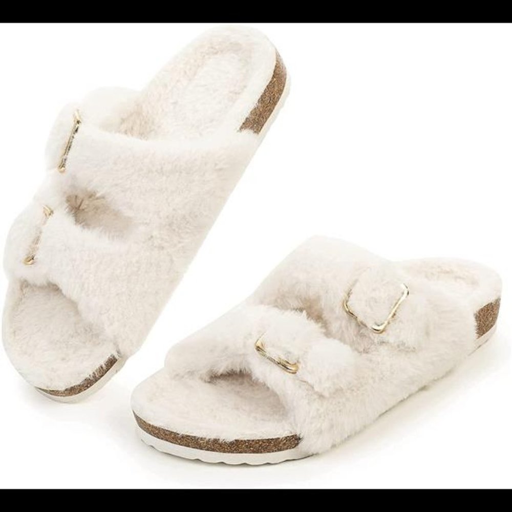 Womens Open Toe Slipper with Cozy Lining,Faux Rabbit Fur Cork Slide Sandals - Picture 1 of 5